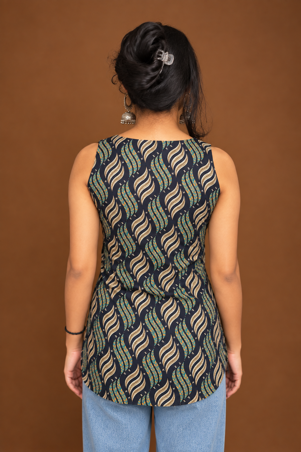 Ang Rakkha navy printed cotton wrap top back view