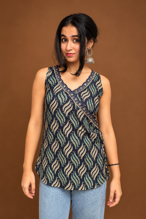 Ang Rakkha navy printed cotton wrap top front view