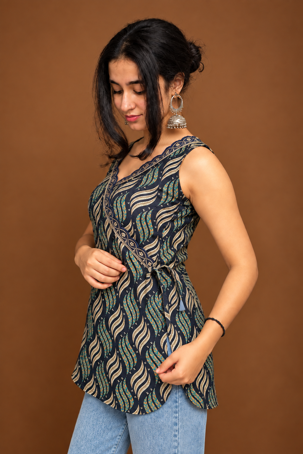 Ang Rakkha navy printed cotton wrap top side view