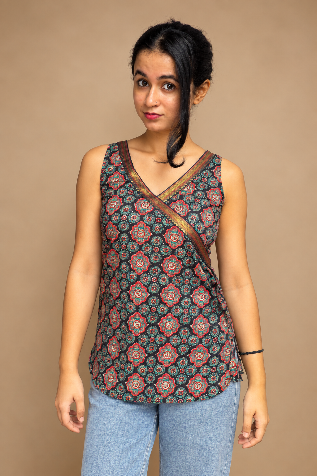 Ang Rakkha teal coral floral cotton wrap top front view