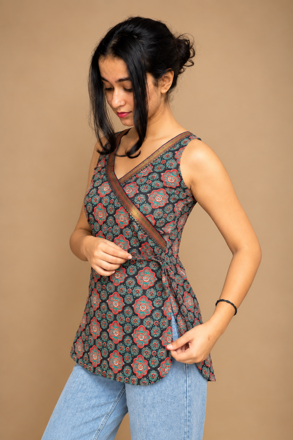 Ang Rakkha teal coral floral cotton wrap top side view