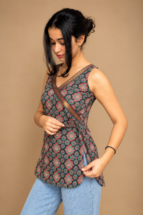 Ang Rakkha teal coral floral cotton wrap top side view